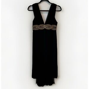 Marchesa Notte Black Silk Beaded Midi‎ Babydoll Dress Sz 2 Cocktail Vintage Glam